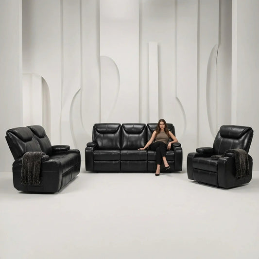Cinema Black Electric 3+2+1 Seater Leather Recliner Sofa Set With Two Cup Holders - Furniture