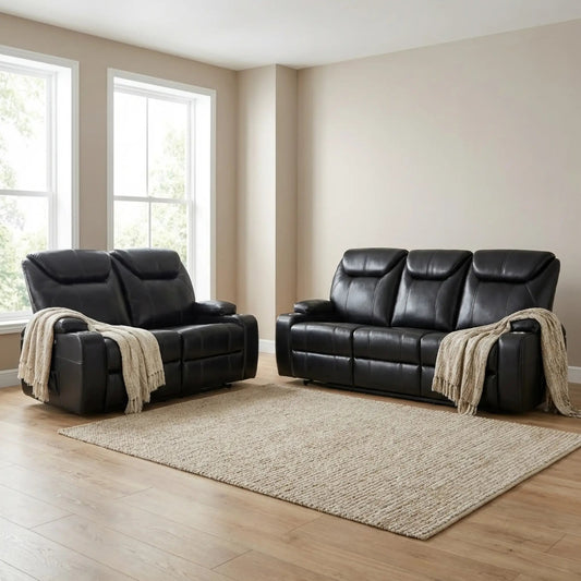 Cinema Black Electric Leather 3+2 Seater Recliner Sofa Set With Two Cup Holders - Furniture Instore