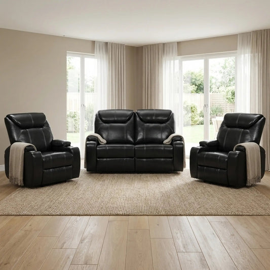 Cinema Black Electric Seater 2+1+1 Leather Recliner Sofa Set With Two Cup Holders - Furniture