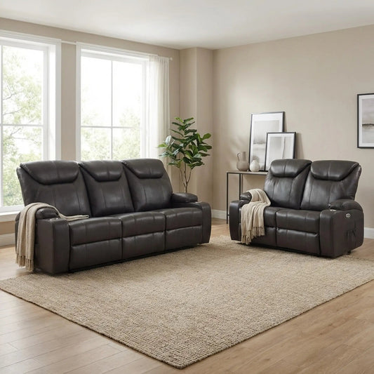 Cinema Grey Electric Leather 3+2 Recliner Sofa Set With Two Cup Holders - Furniture Instore