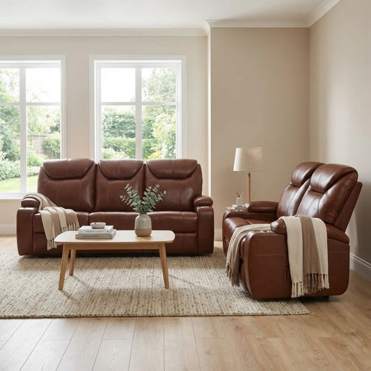 Cinema Tan Electric Leather 3+2 Seater Recliner Sofa Set With Two Cup Holders - Furniture Instore