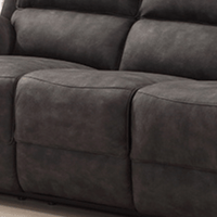 Grey fabric sofa with multiple cushions on a neutral background