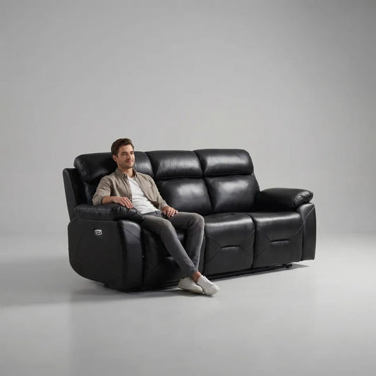Renato Genuine Leather Black Electric Power Recliner 3 Seater - view 2 - Furniture Instore