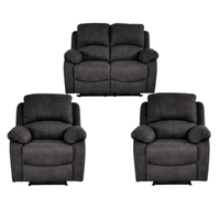 Set of three dark grey recliner chairs on a white background