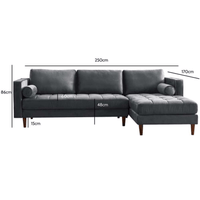 Gray sectional sofa with dimensions on a white background