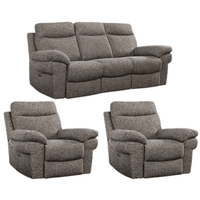 Gray reclining sofa set with two matching armchairs on a white background