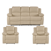 Beige leather sofa set with two recliner chairs on a white background