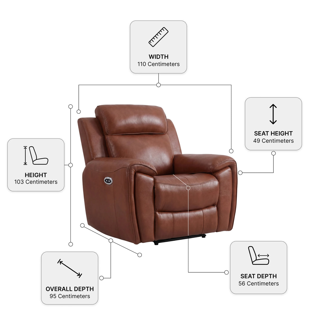 Annecy Tan Genuine Leather Armchair with Electric Power Recliner — Dimension diagram