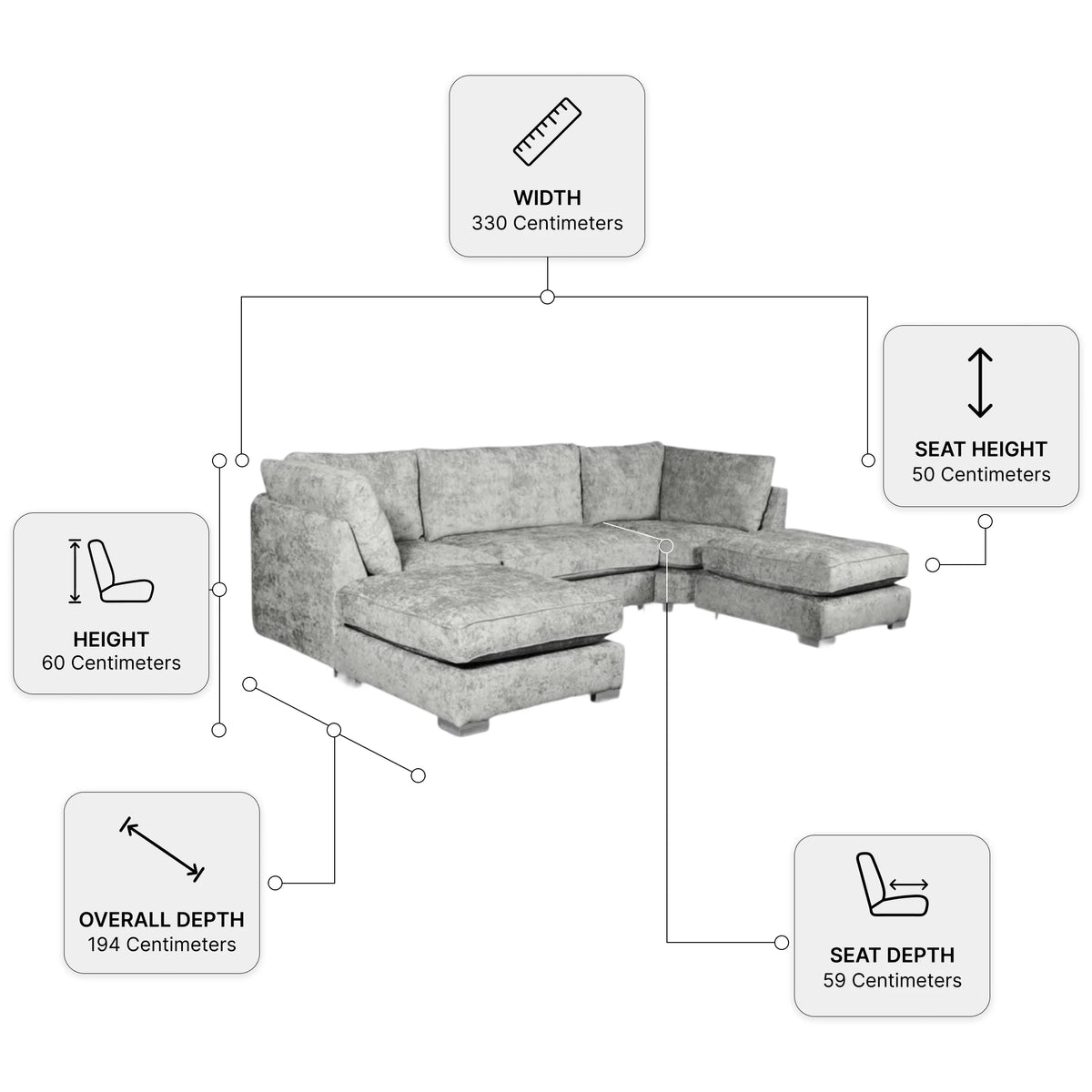 Bishop Silver Alaska Fabric U Shape High Back Corner Sofa — Dimension diagram