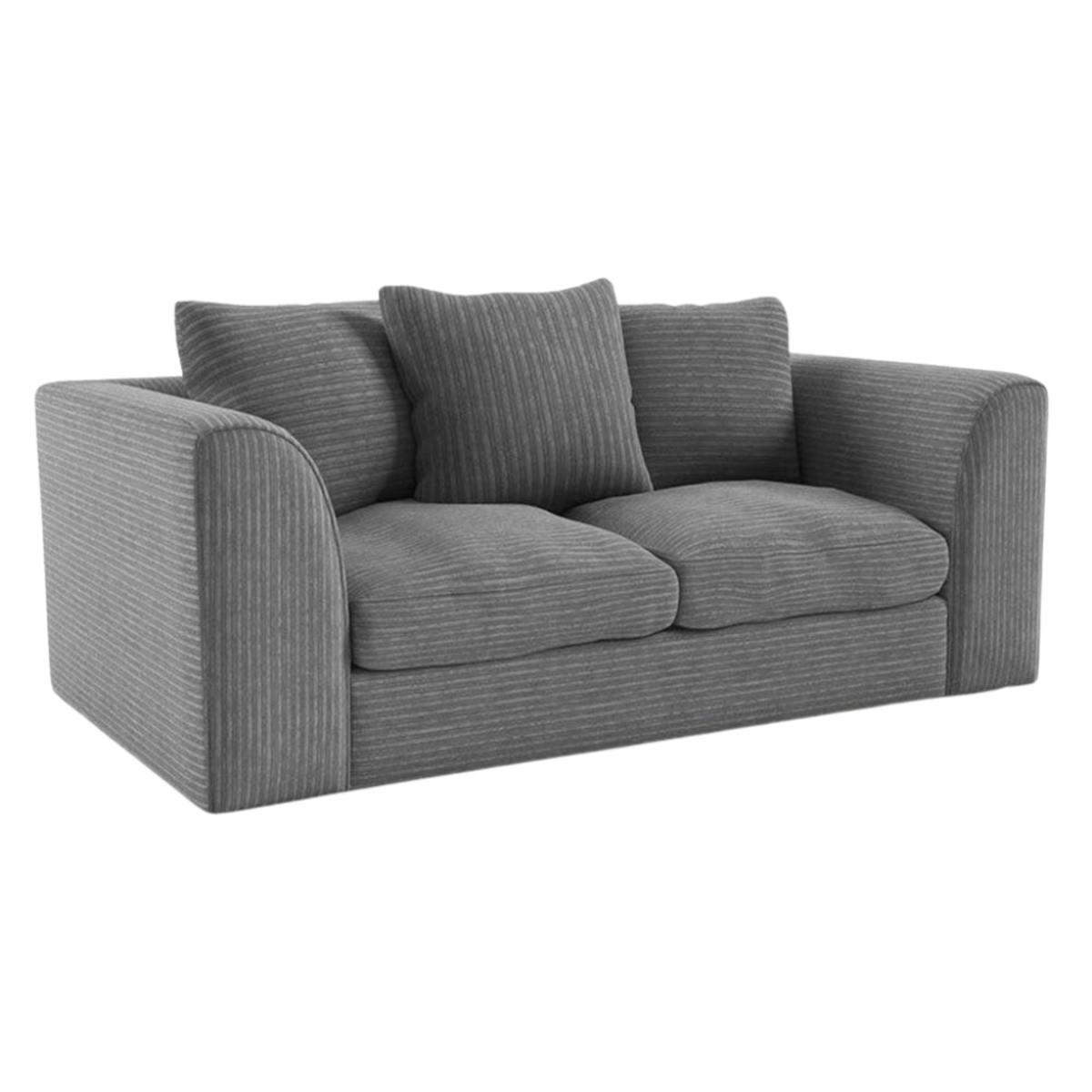Byron Grey 2-Seater Sofa front facing on white background, modern grey fabric couch with soft