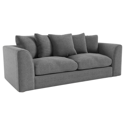 Byron Grey 3-Seater Sofa front facing on white background, modern grey fabric couch with soft
