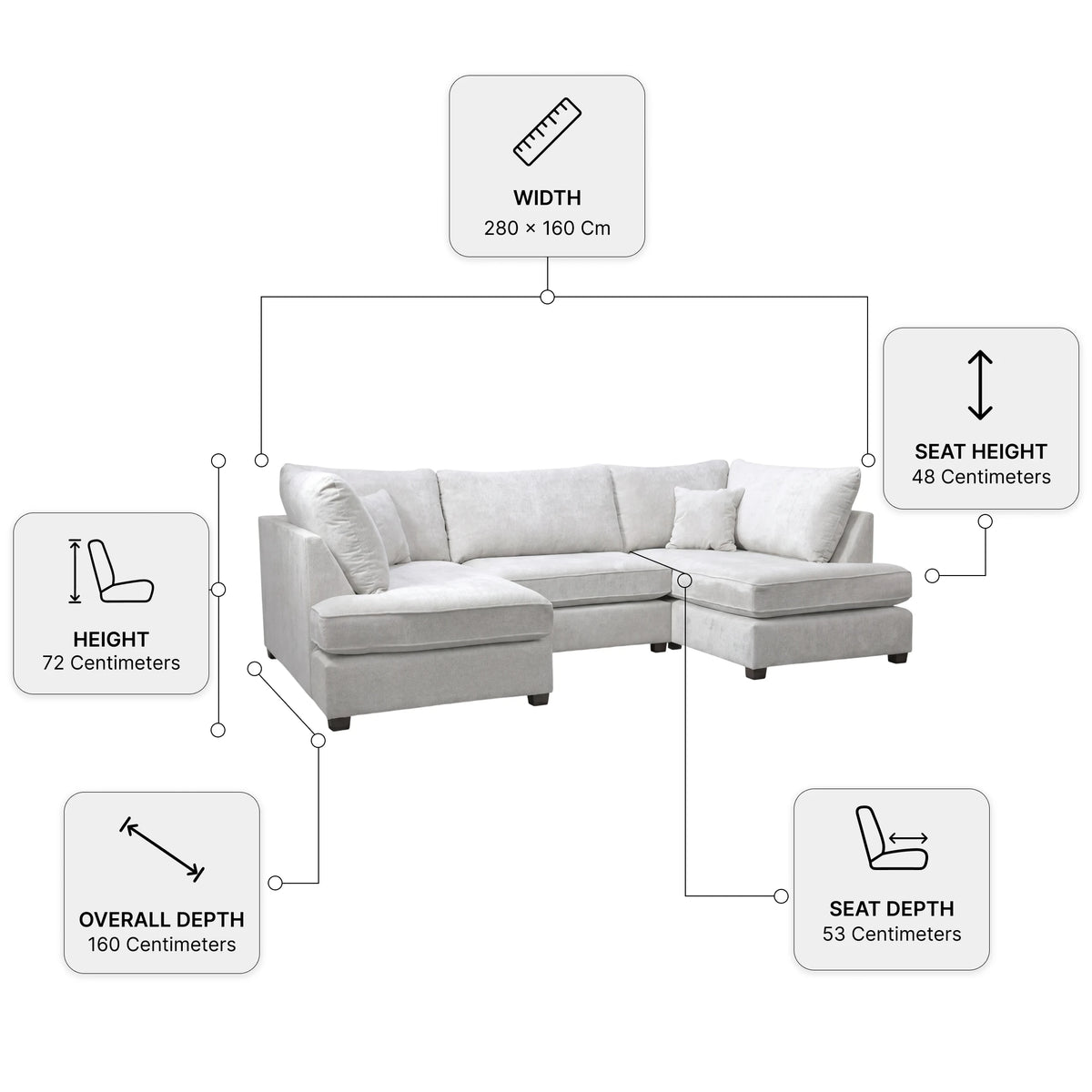 Carnaby Silver Fabric U Shape High Back Corner Sofa + Footstool — Dimension diagram