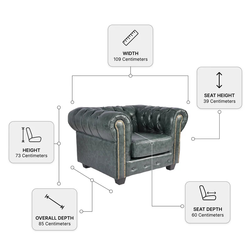 Chesterfield Green Leather Antique armchair dimensions diagram showing width, height, seat height and depth measurements