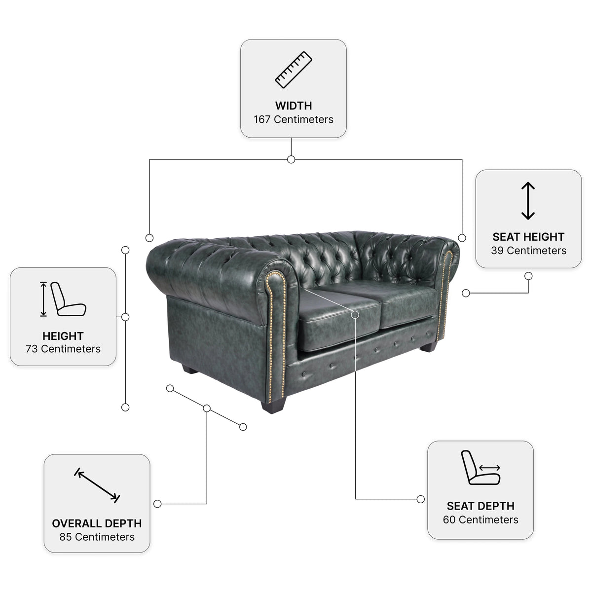Chesterfield Green Leather Antique 2 Seater Sofa — Dimension diagram