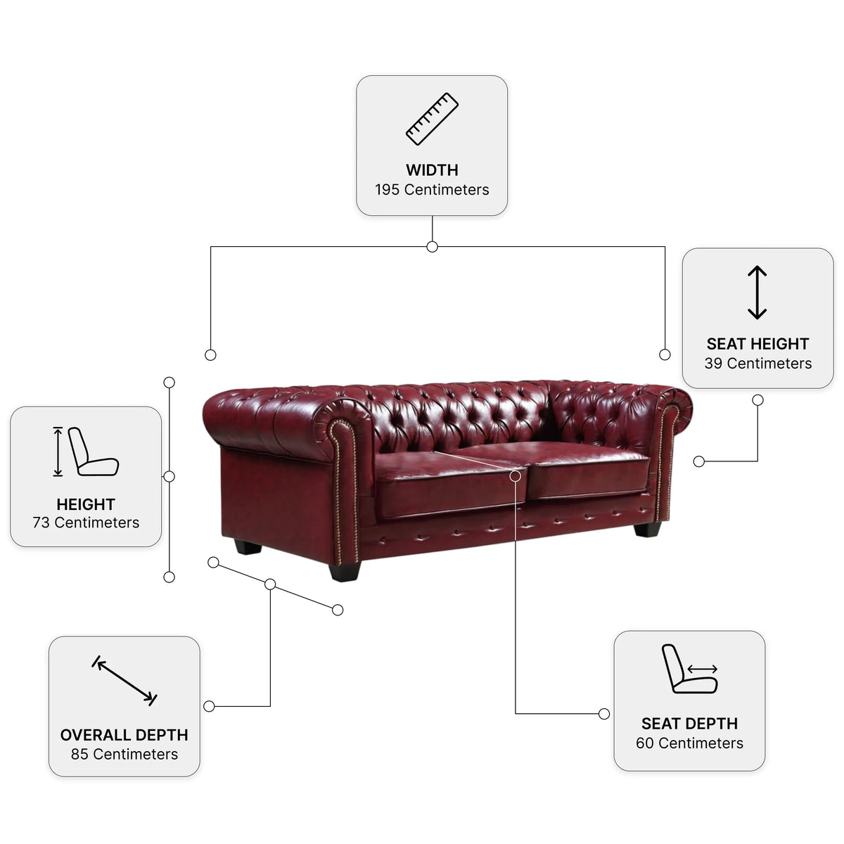 Chesterfield Red Leather Antique 3 Seater Sofa — Dimension diagram