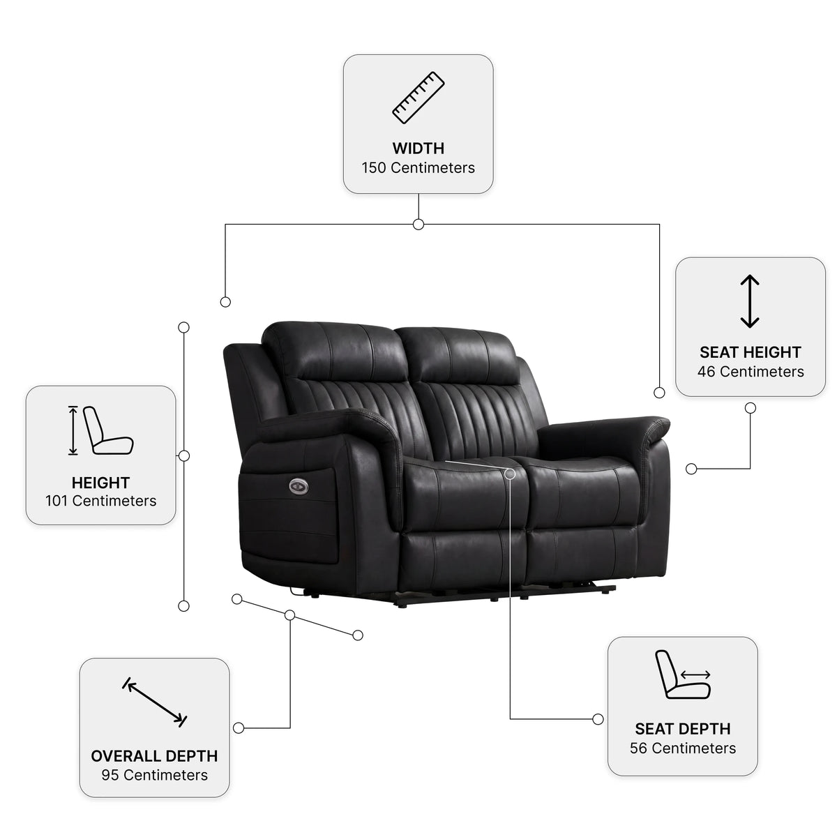 Cidliano Genuine Leather Black Electric Recliner 2 Seater Sofa — Dimension diagram