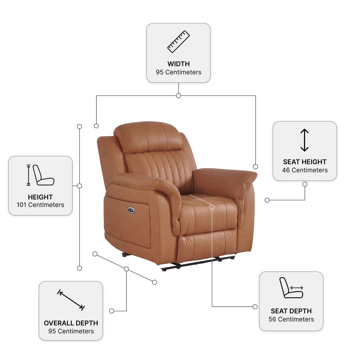 Cidliano Genuine Leather Caramel Electric Recliner Armchair — Dimension diagram