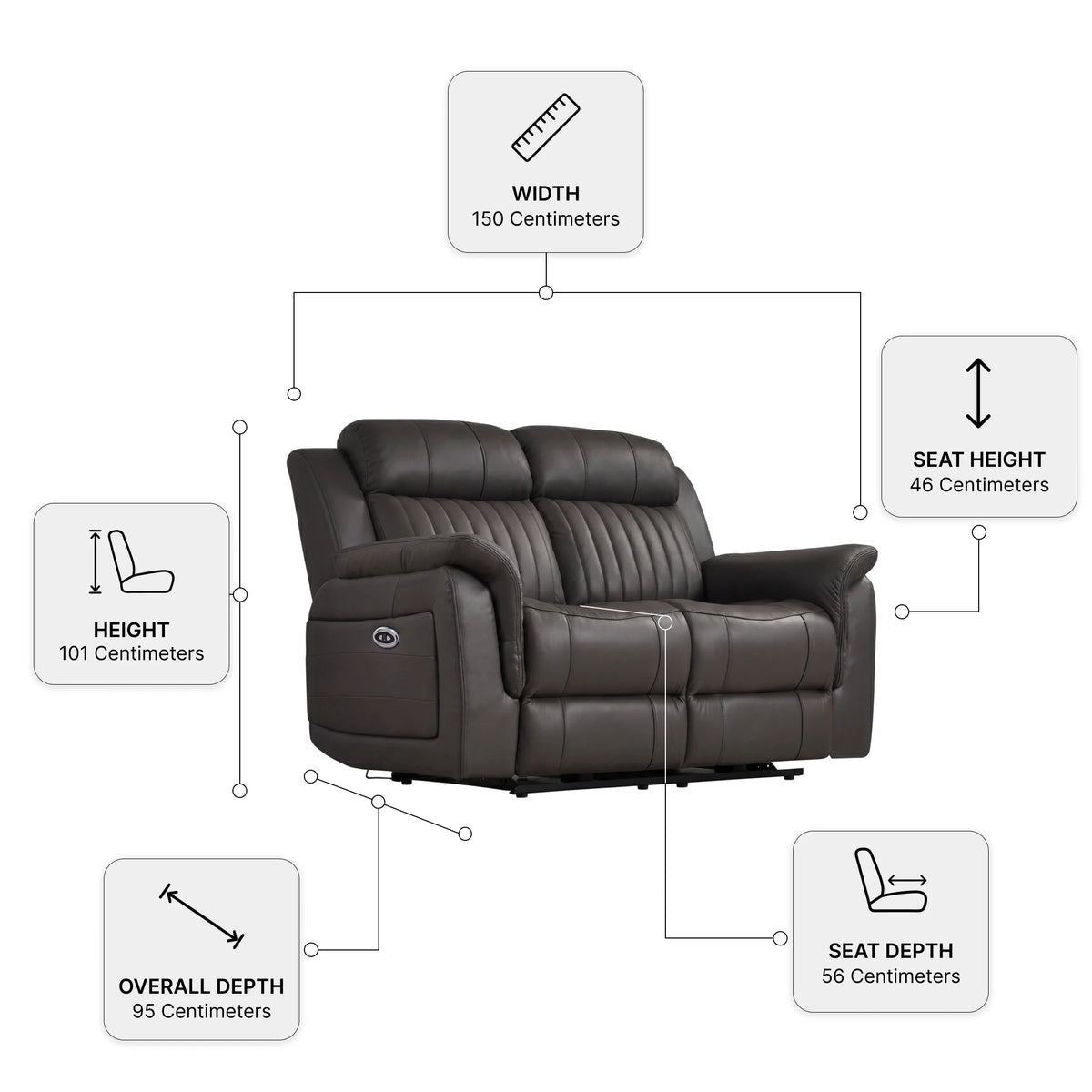 Cidliano Genuine Leather Grey Electric Recliner 2 Seater Sofa — Dimension diagram