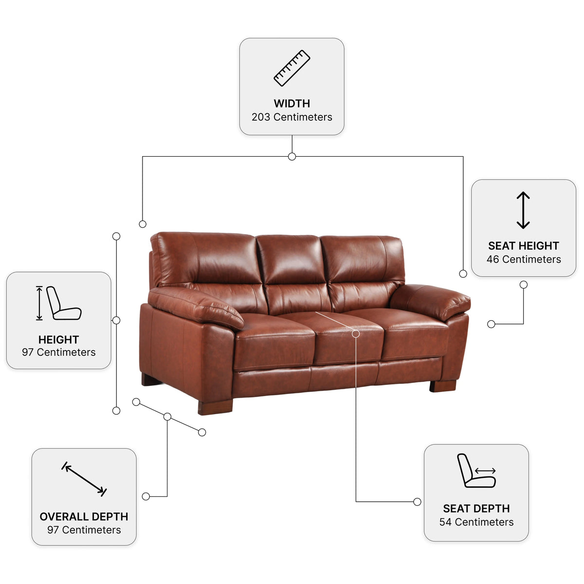 Dalmore Genuine Leather Tan 3 Seater Sofa — Dimension diagram
