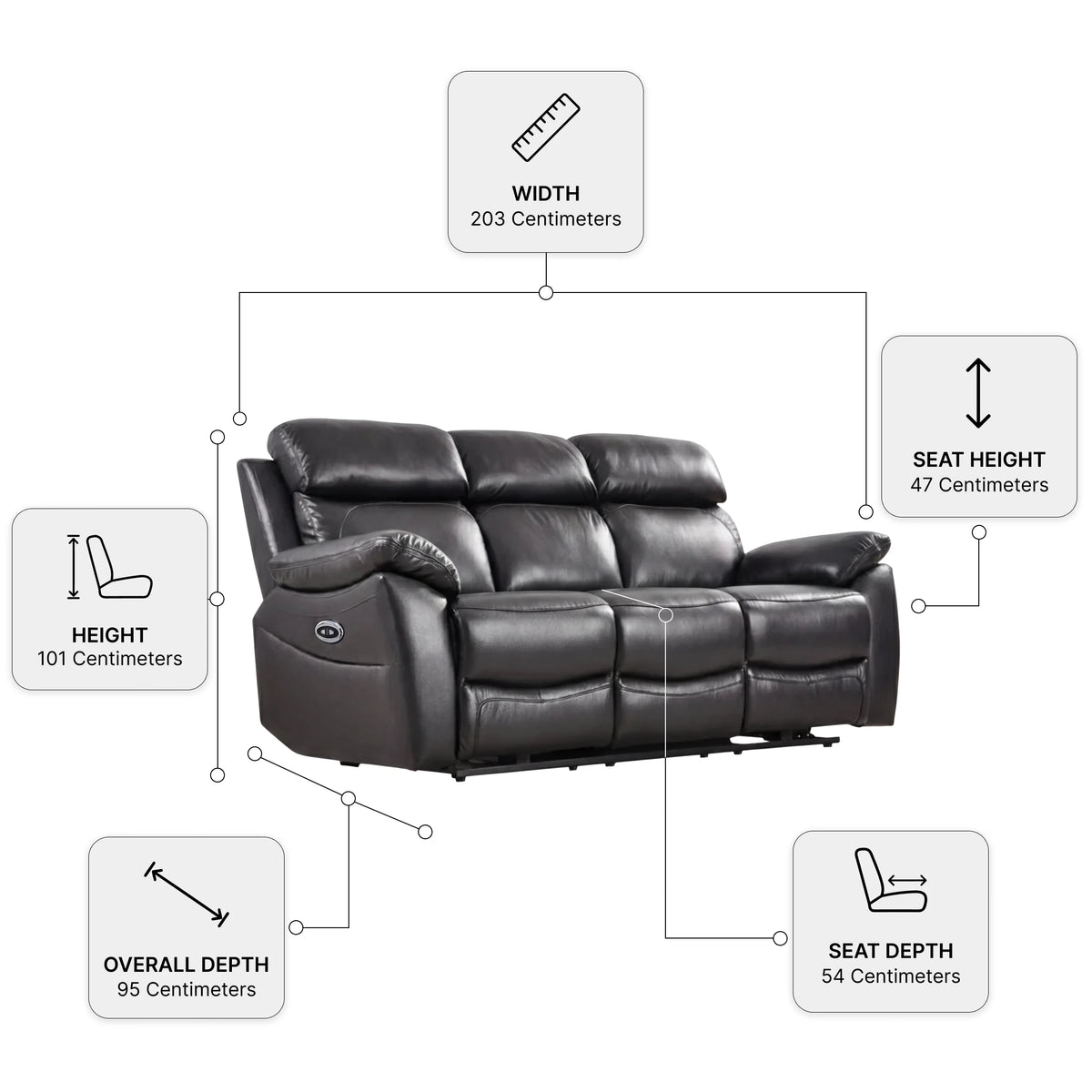 Dandrea Black 3 Seater Measurements
