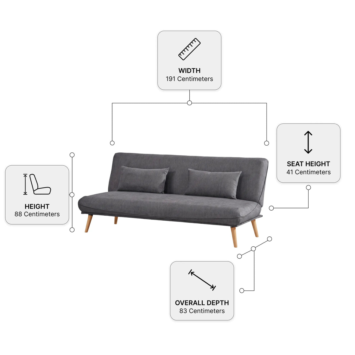 Alva Grey Sofa Bed — dimensions