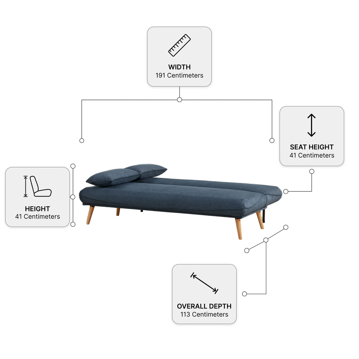 Alva Blue Sofa Bed — dimensions