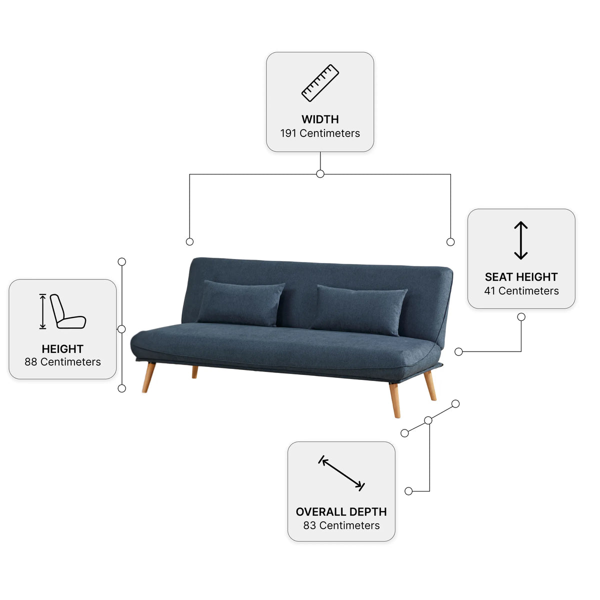 Alva Blue Sofa Bed — dimensions