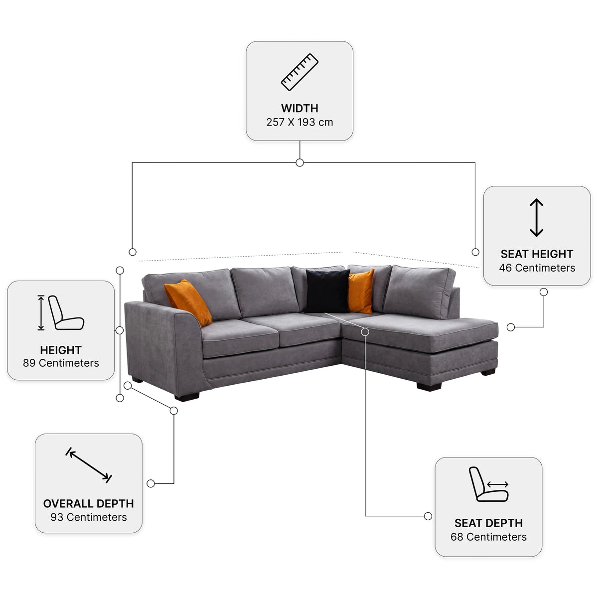 Orka Sofa Grey Fabric Right Hand Corner Sofa - RHC — Dimension diagram
