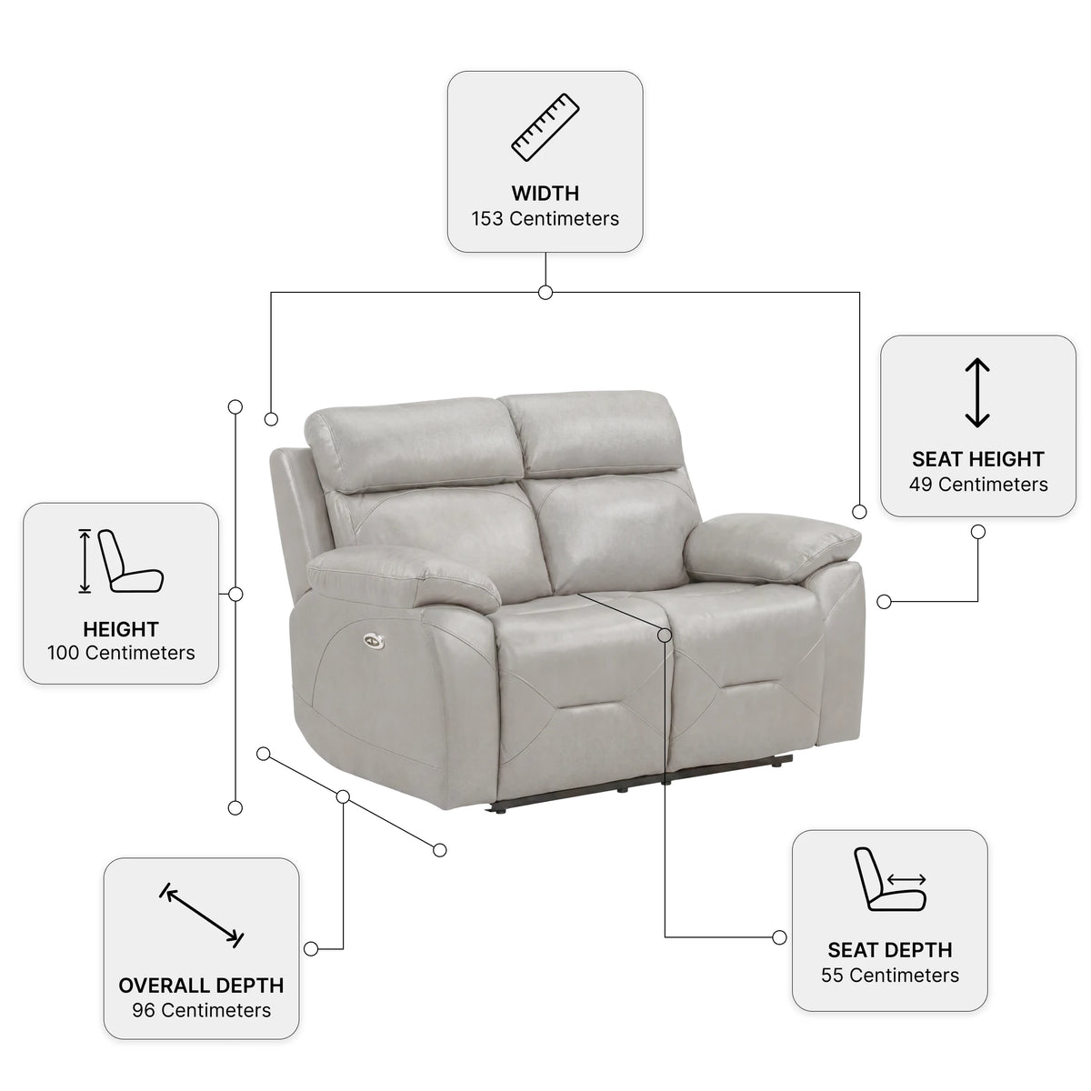 Renato Genuine Leather Light Grey Electric Power Recliner 2 Seater Sofa — Dimension diagram