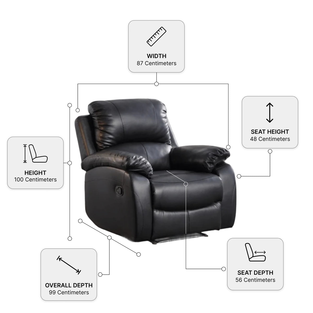 Roma Black Leather Manual Recliner Armchair — Dimension diagram