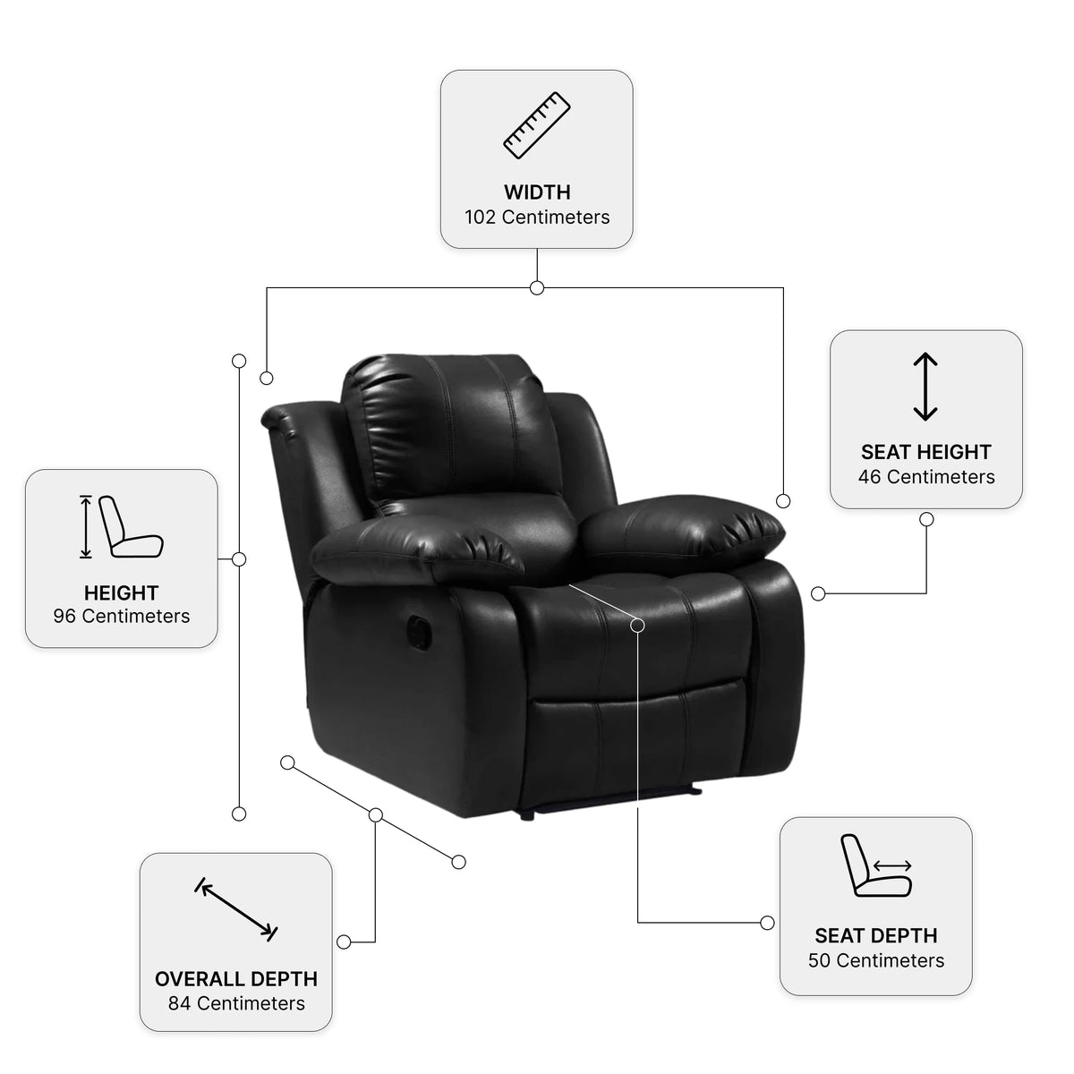 Valencia Black Leather Recliner Chair – Manual Control — Dimension diagram