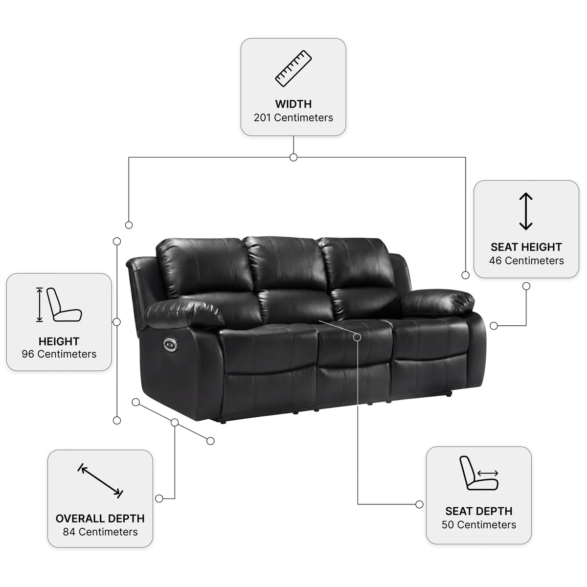 Valencia Black Leather Electric Recliner 3 Seater Sofa — Dimension diagram