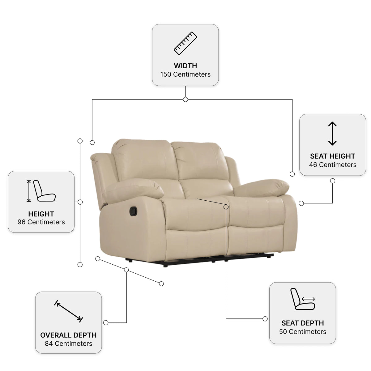 Valencia Cream Leather 2 Seater Manual Recliner Sofa — Dimension diagram