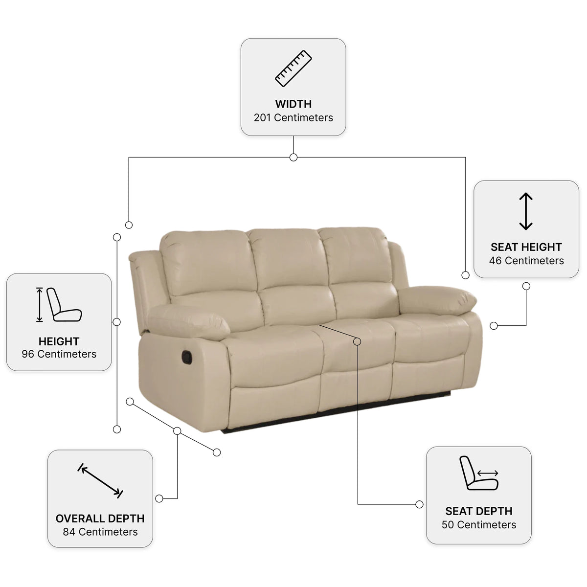 Valencia Cream Leather 3 Seater Manual Recliner Sofa — Dimension diagram
