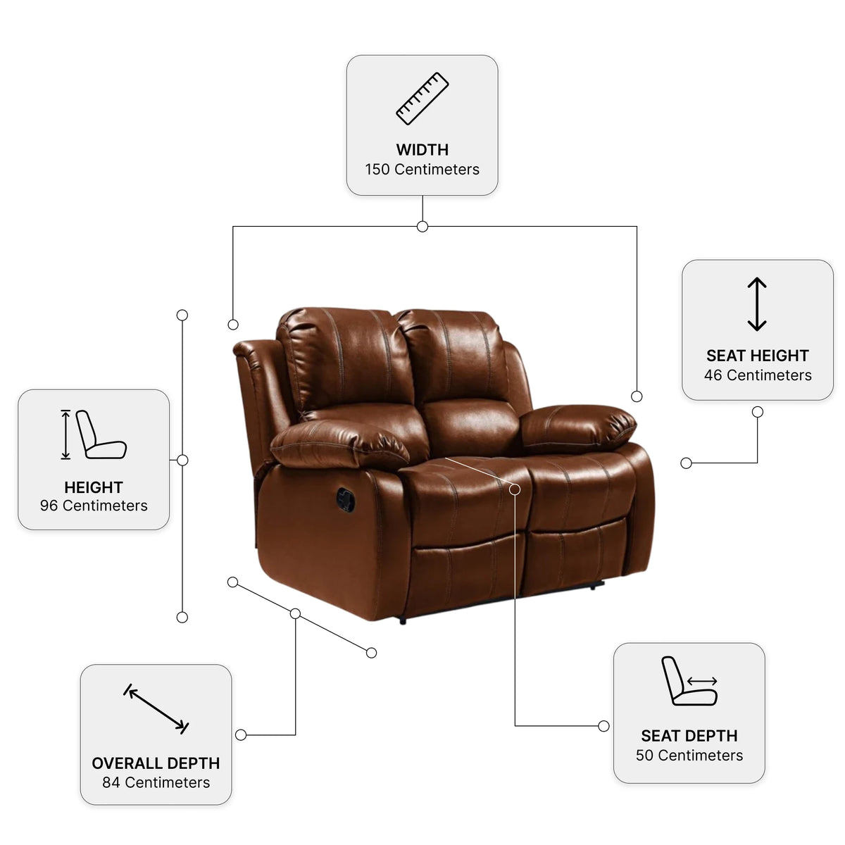 Valencia Tan Leather 2 Seater Manual Recliner Sofa — Dimension diagram