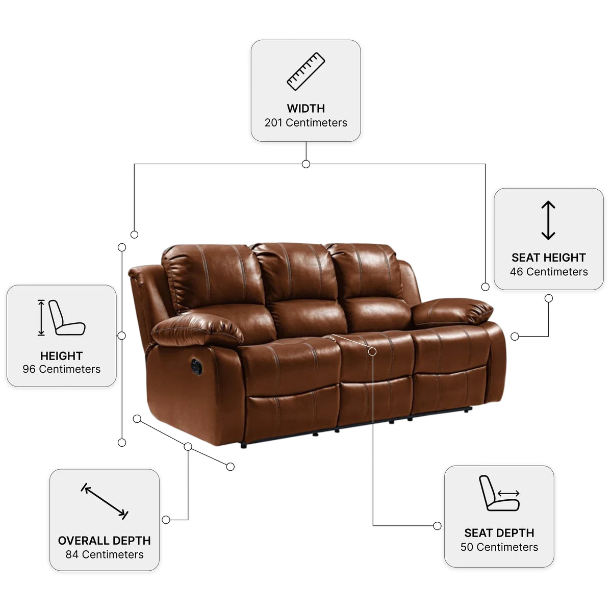 Valencia Tan Leather 3 Seater Manual Recliner Sofa — Dimension diagram