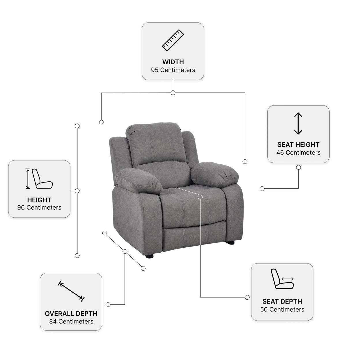 Valerie Grey Fabric Armchair — Dimension diagram