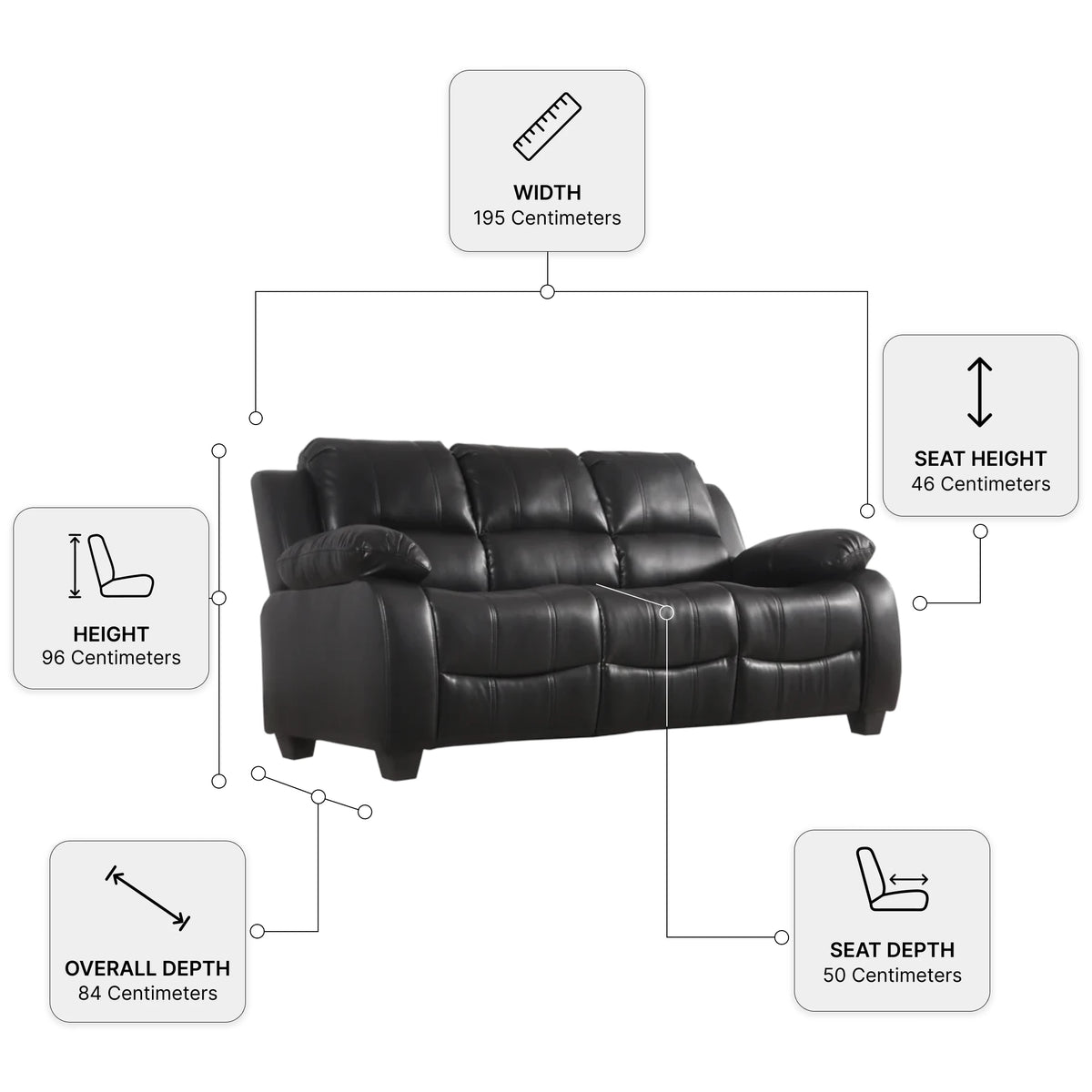 Valerie Black Leather 3 Seater Sofa — Dimension diagram
