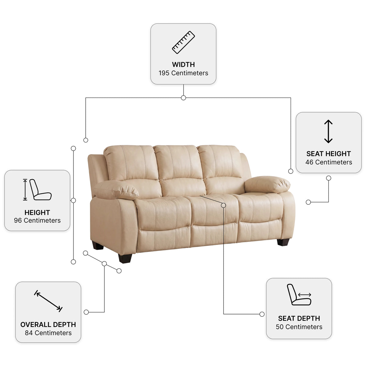 Valerie Cream Leather 3 Seater Sofa — Dimension diagram