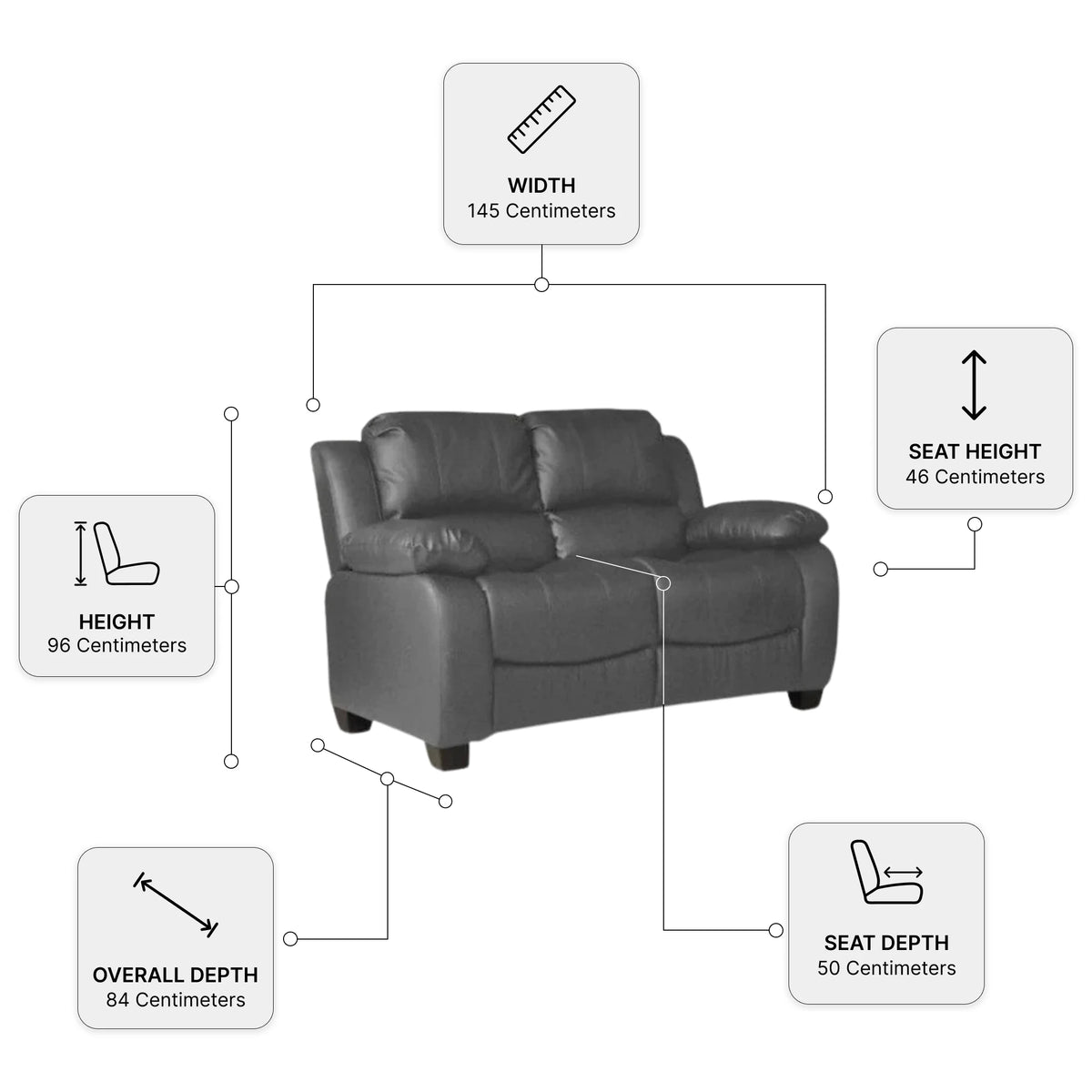 Valerie Grey Leather 2 Seater Sofa — Dimension diagram