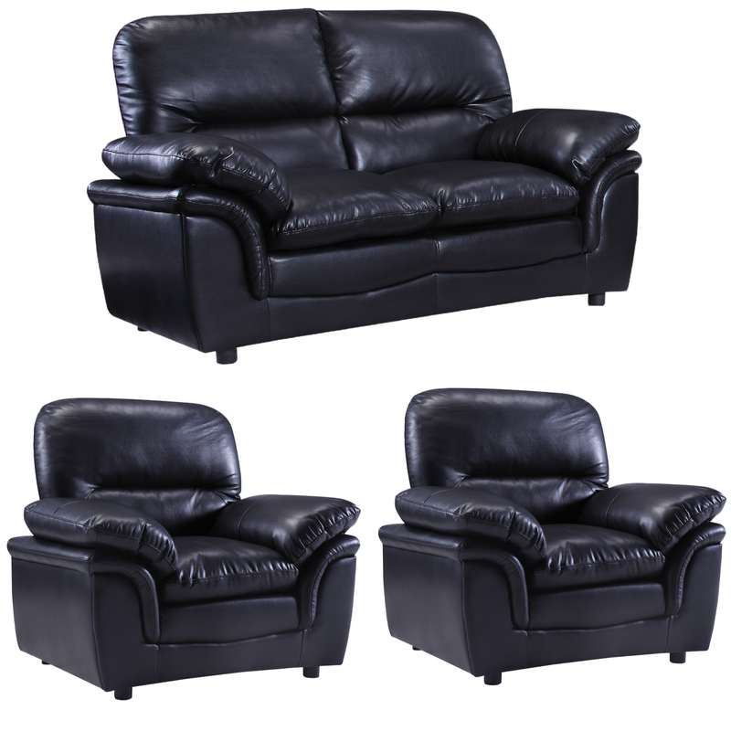 Black Leather Sofa Set featuring a two-seater sofa and two matching armchairs shown on a clean
