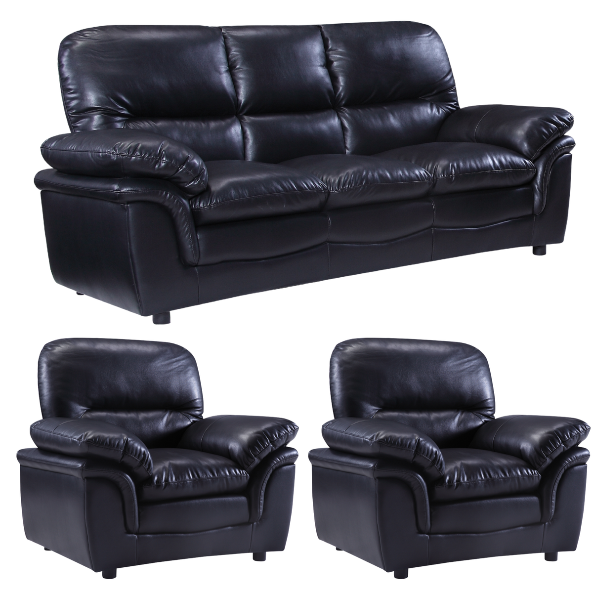 Black leather sofa set with two armchairs on a white background