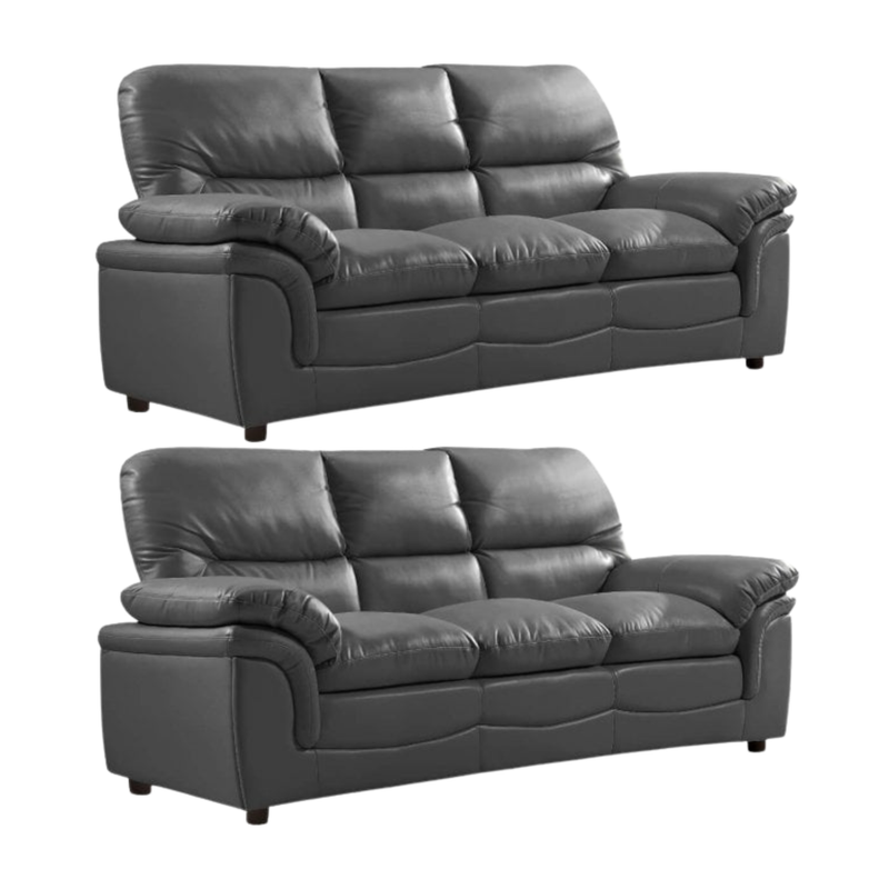 Two grey leather sofas