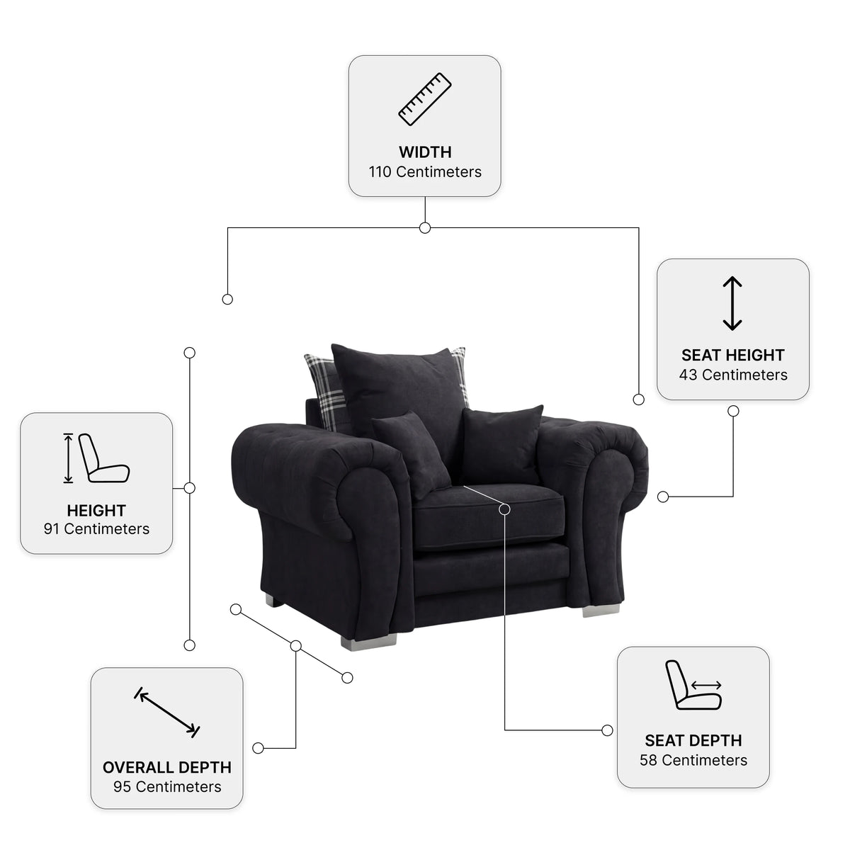Verona Scatter Black Fabric Armchair — Dimension diagram