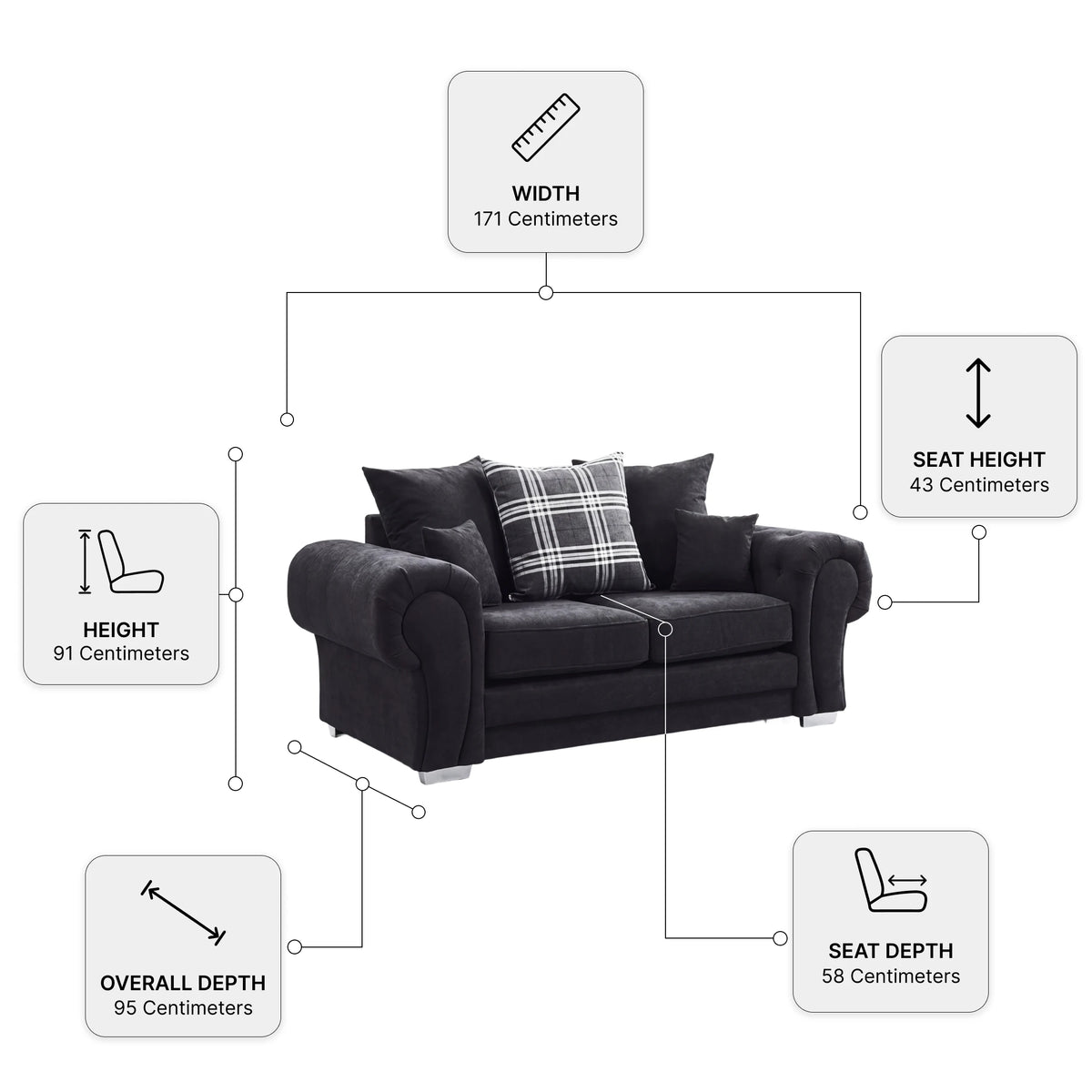 Verona Scatter Black Fabric 2 Seater Sofa — Dimension diagram