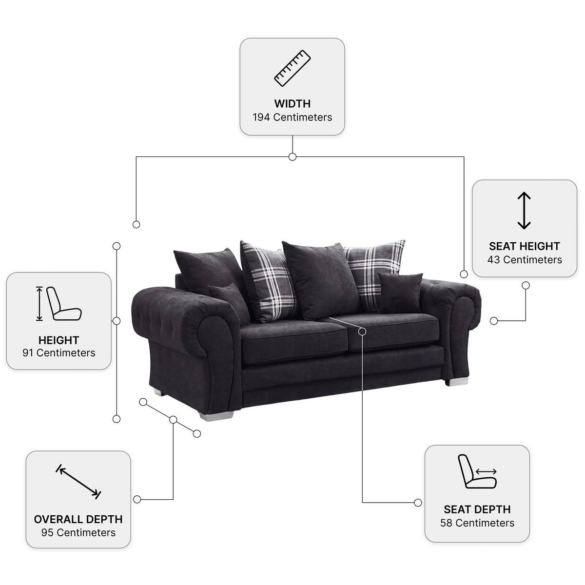 Verona Fabric Scatter Back Black Measurement