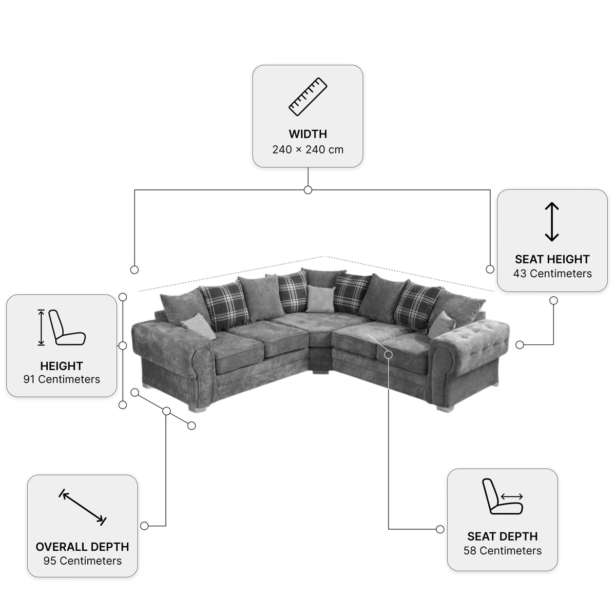 Verona Scatter Grey Fabric Corner Sofa — Dimension diagram