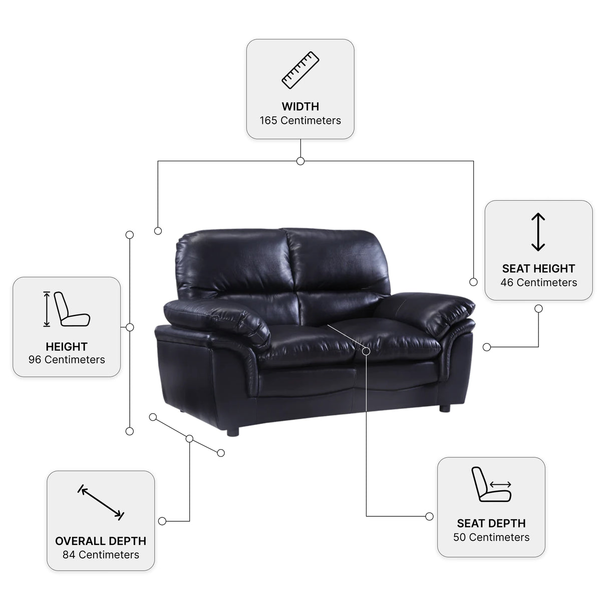 Verona Black Leather 2 Seater Sofa — Dimension diagram