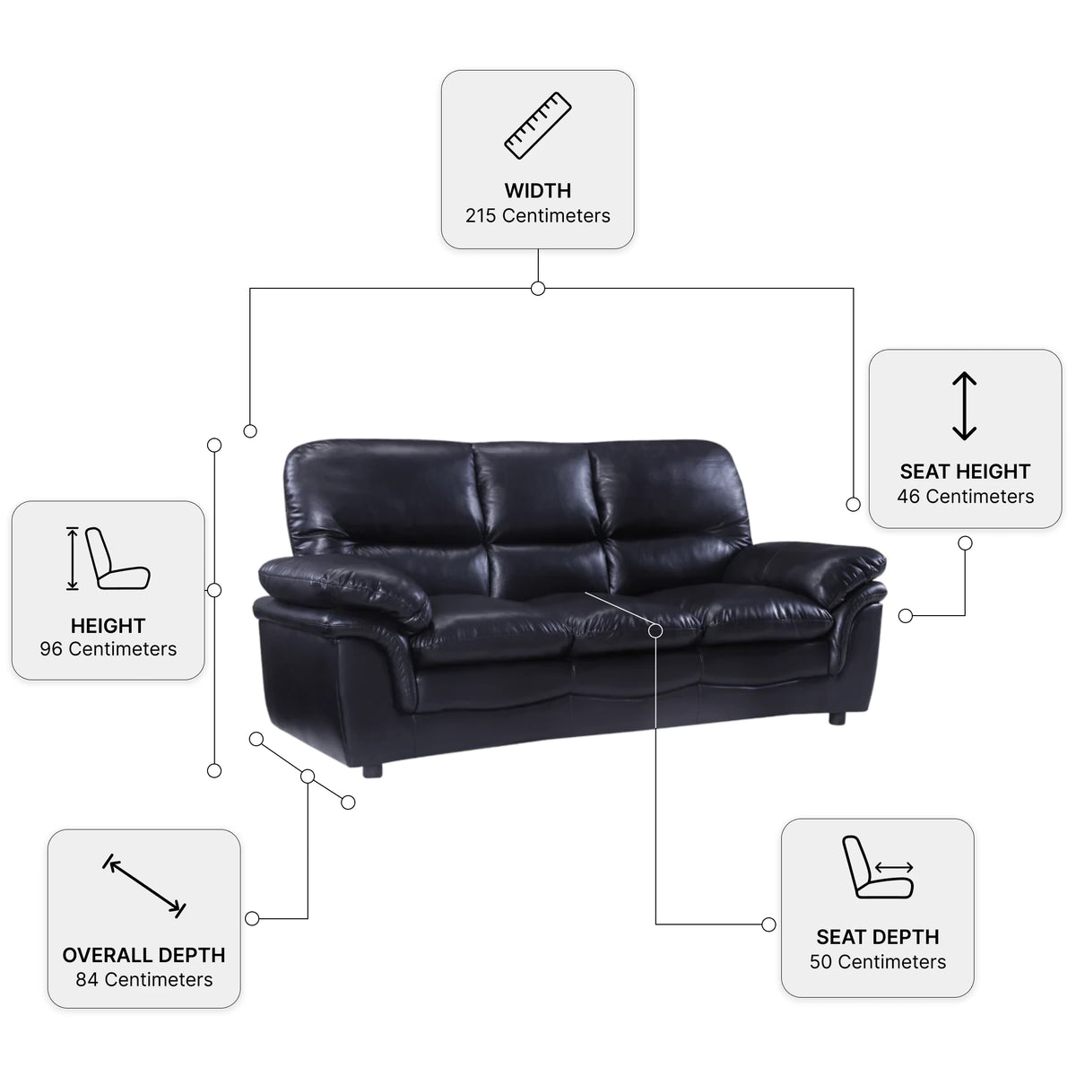 Verona Black Leather 3 Seater Sofa — Dimension diagram