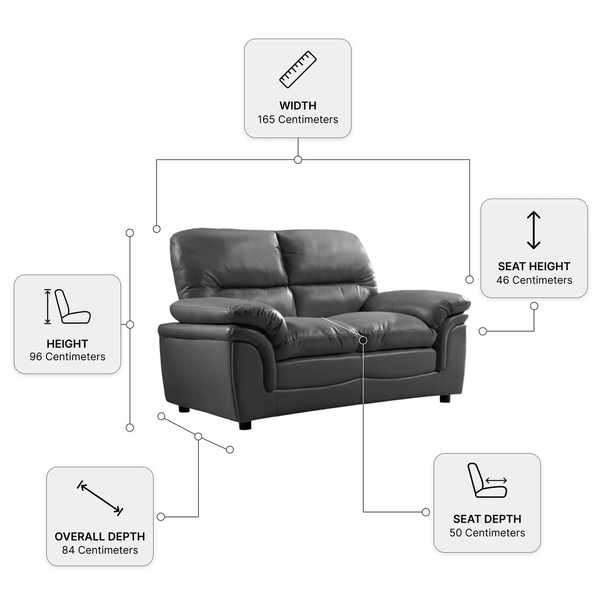 Verona Grey Leather 2 Seater Sofa — Dimension diagram
